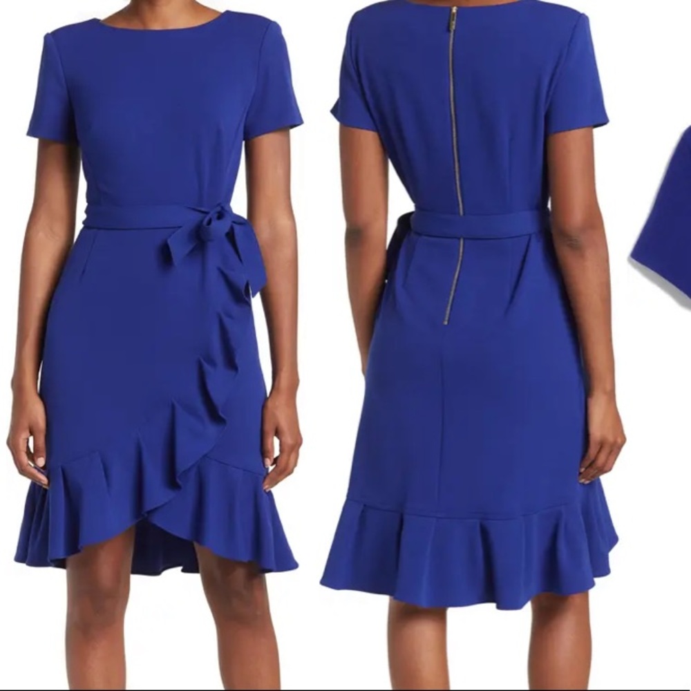 Blue Calvin Klein Tie Waist Ruffle Hem Dress